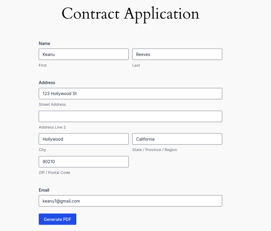 Contract Application form on a web page