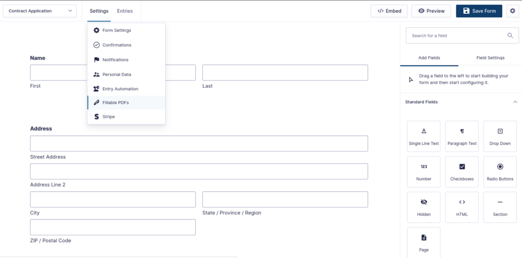 Form editor settings dropdown