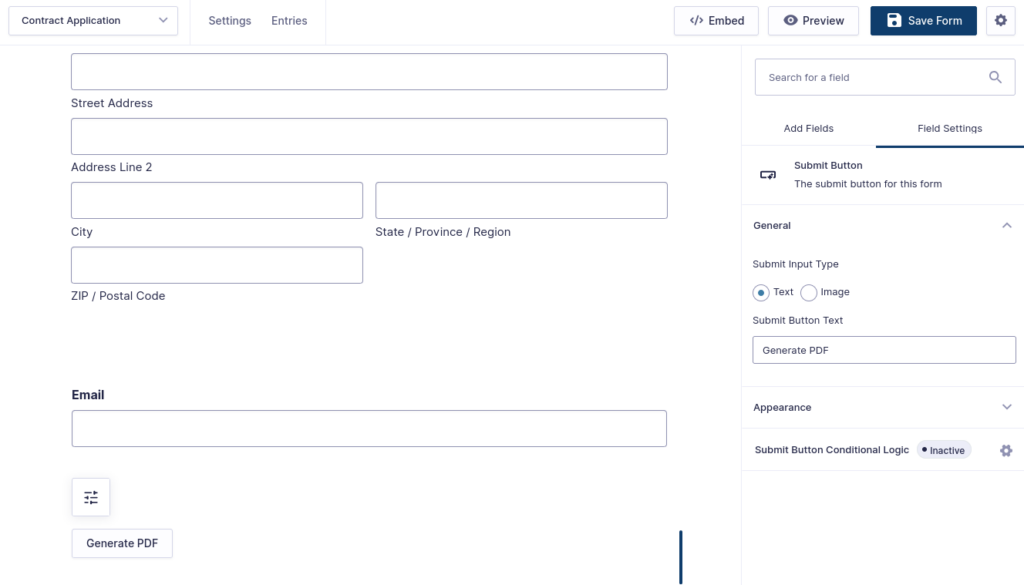 Form editor with submit button settings menu