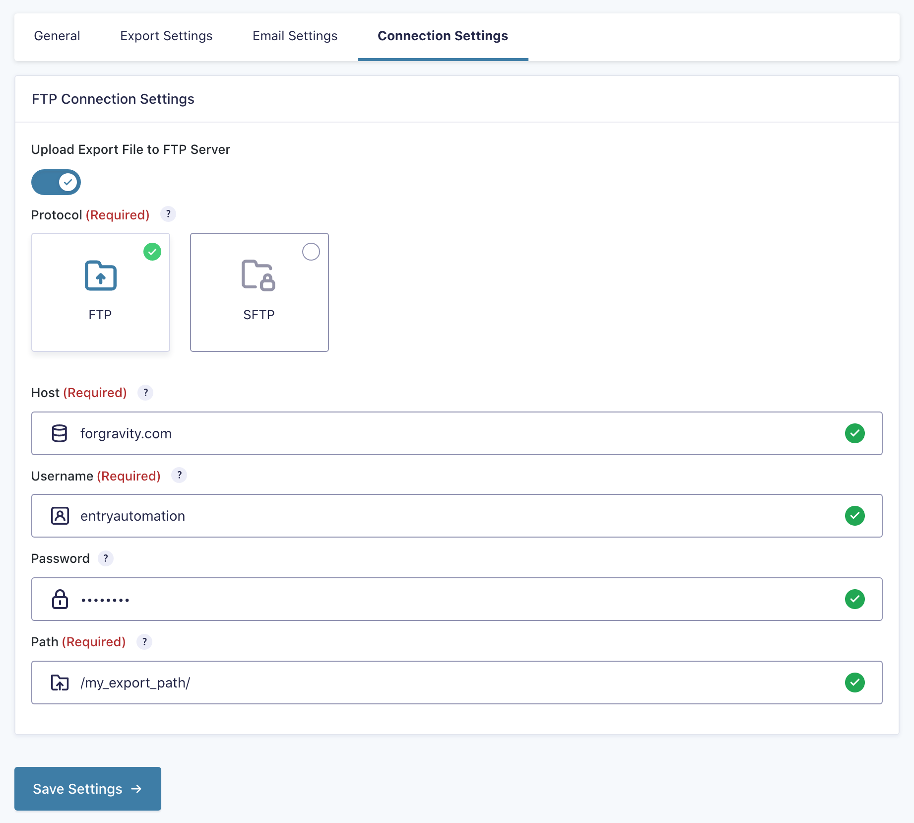 Entry Automation FTP Settings tab