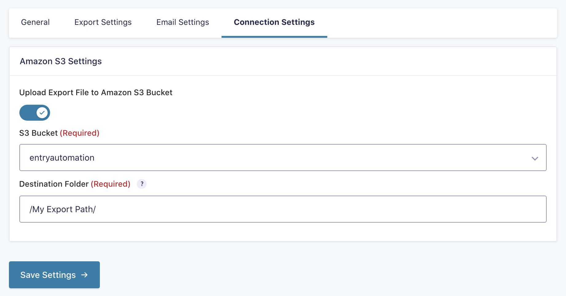 Entry Automation Amazon S3 settings tab