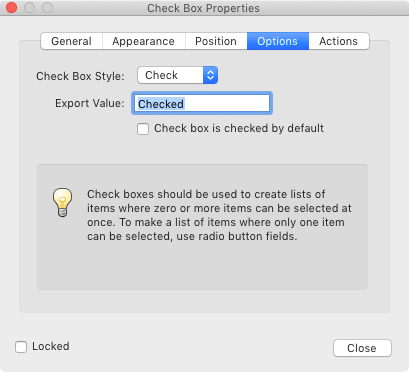 Adobe Acrobat Check Box Properties Dialog