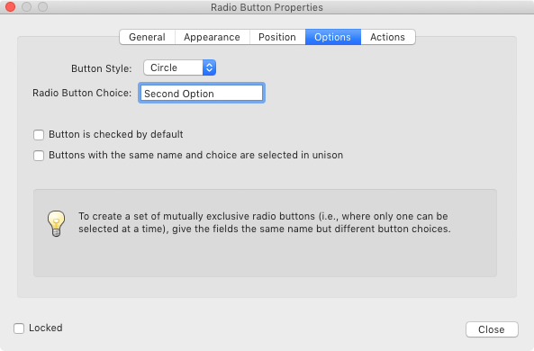 Adobe Acrobat Radio Button Properties Dialog