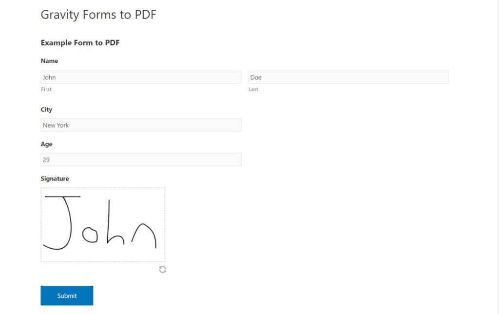 Gravity Forms to PDF example of the form