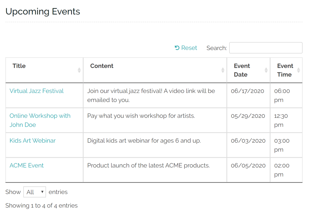 Events listed in WordPress front-end post table