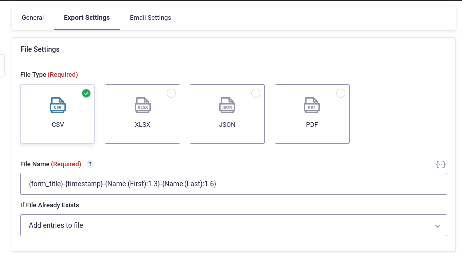 screenshot of Entry Automation Export Settings menu