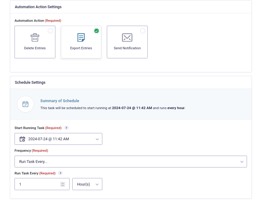 screenshot of Entry Automation setting a task schedule