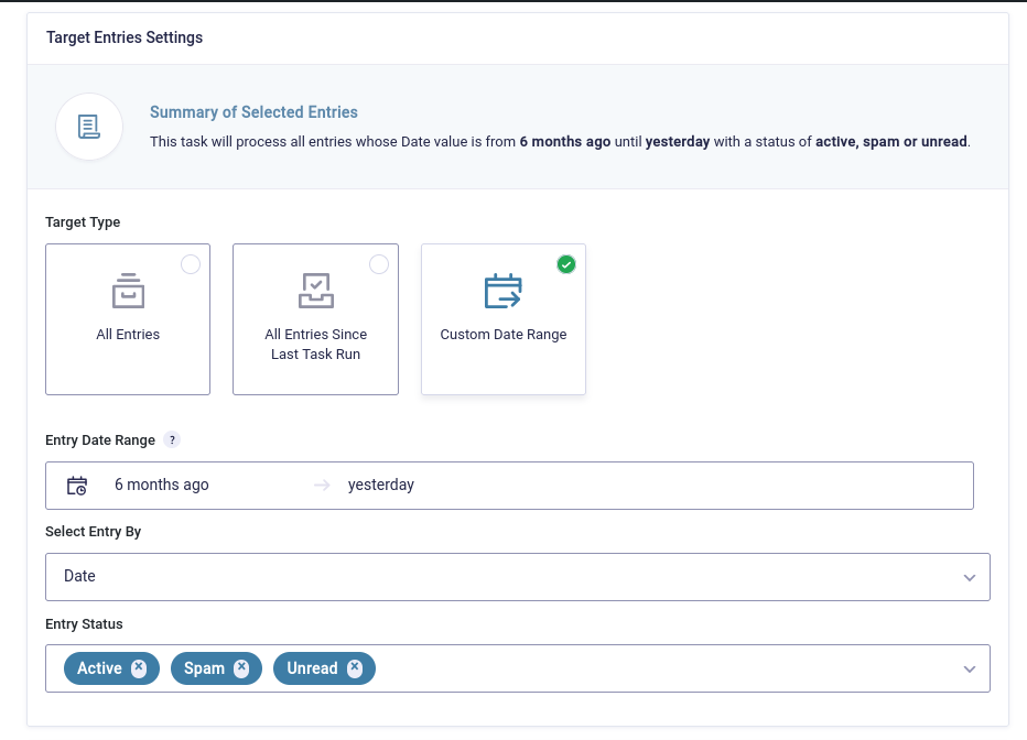 screenshot of Entry Automation Target Entries Settings menu