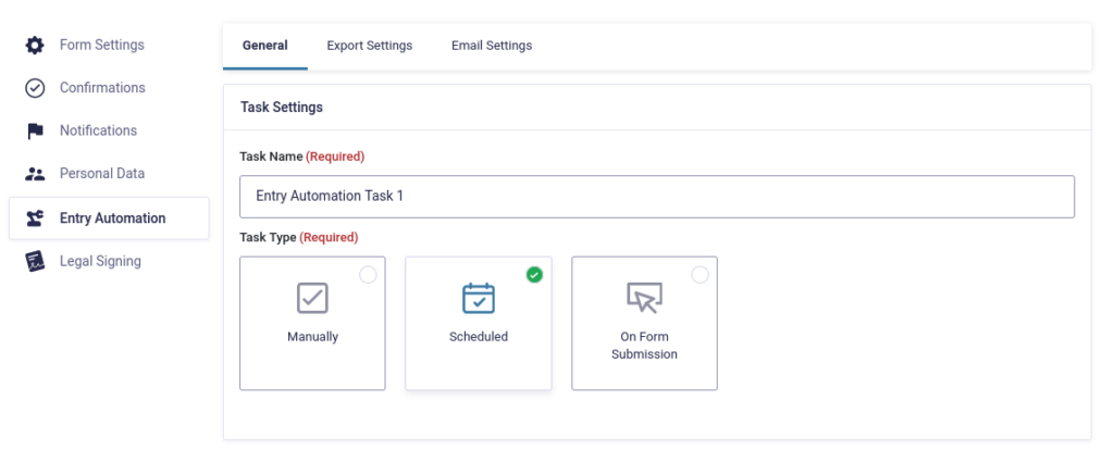 screenshot of Entry Automation setting task type