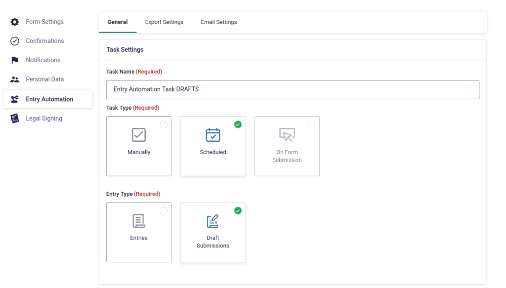 The Task Settings menu in Entry Automation