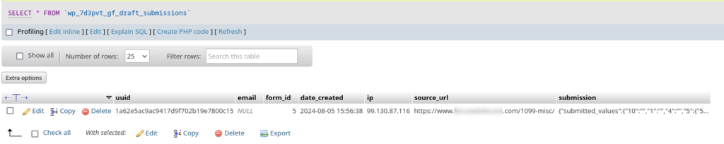 A row from the gf_draft_submissions table in a WordPress database showing data from a draft submission