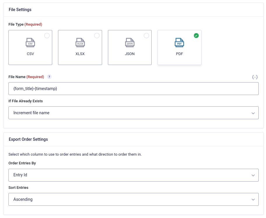 The File Settings menu in Entry Automation