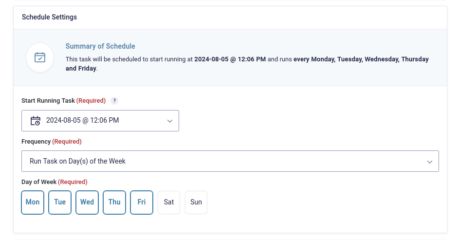 The Schedule Settings menu in Entry Automation