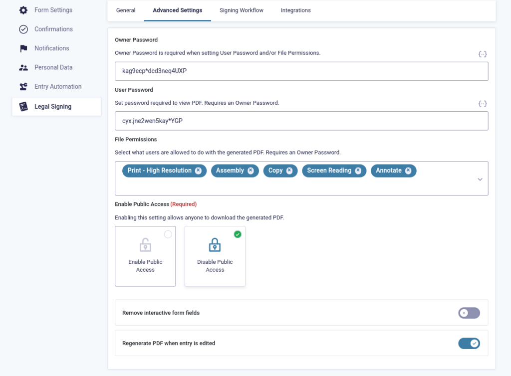 screenshot of Legal Signing feed menu, showing advanced settings