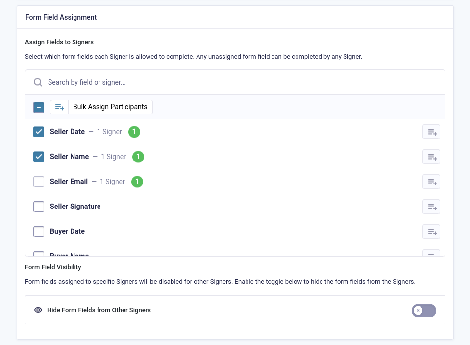 screenshot of Legal Signing Form Field Assignment menu