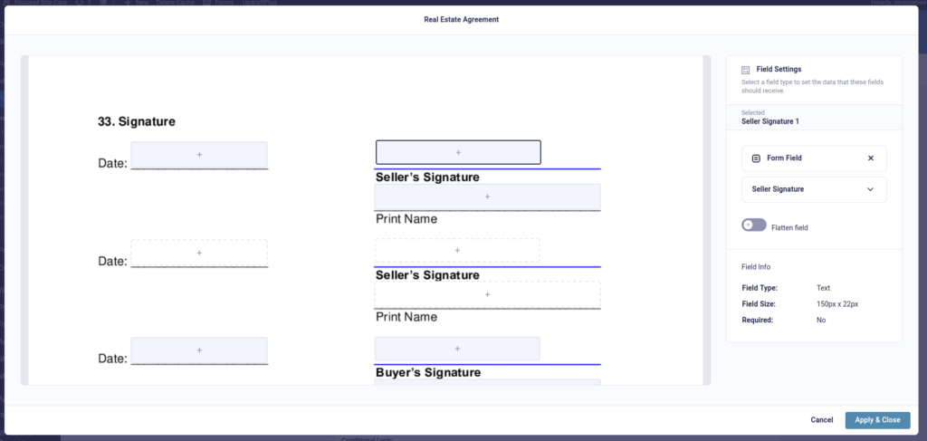 screenshot of Legal Signing template mapping UI