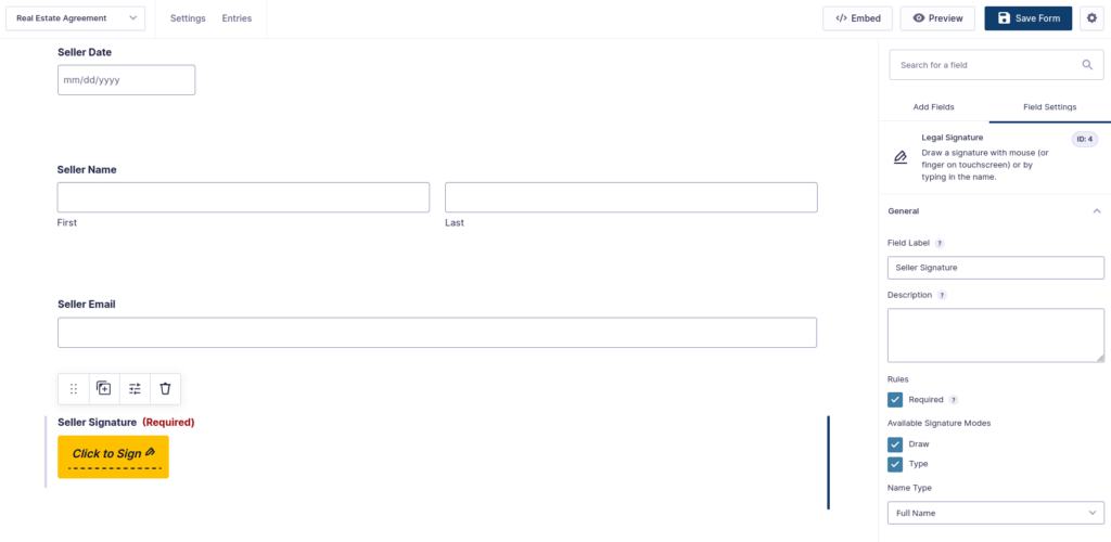 screenshot of Gravity Forms editor showing Legal Signing signature field