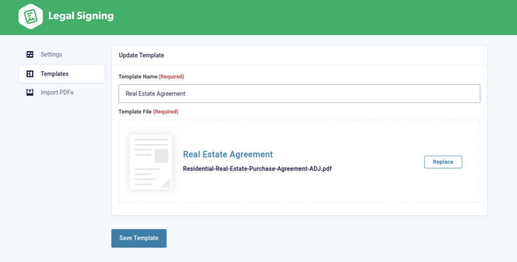 screenshot of Legal Signing template menu