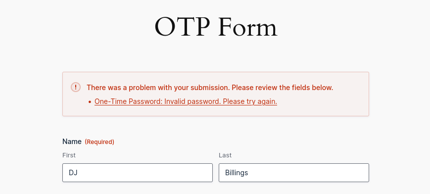 OTP form on a page displaying error message at the top