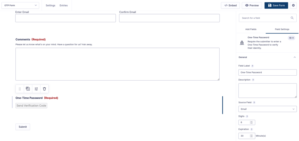 Gravity Forms editor showing the One-Time Password field