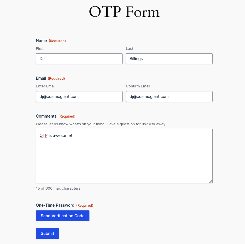 Form titled OTP showing completed entry fields and a Send Verification Code button