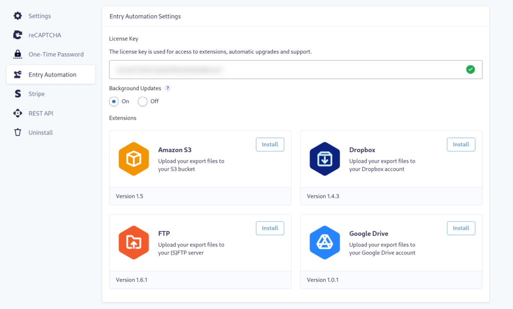 Entry Automation Settings menu