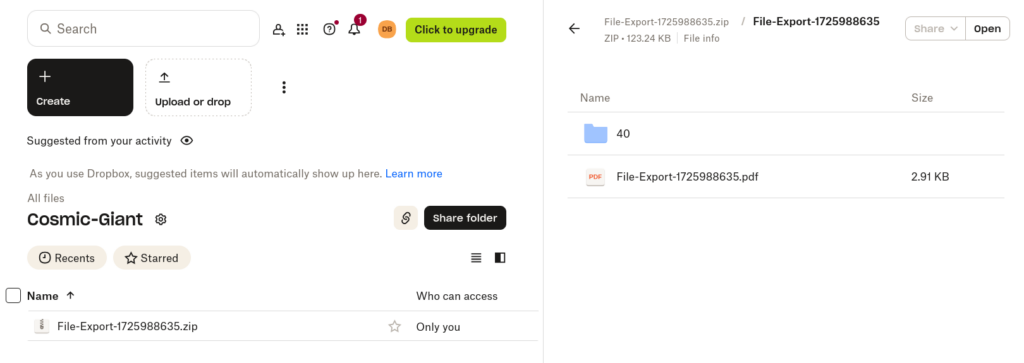 Dropbox dashboard showing files exported from Gravity Forms.