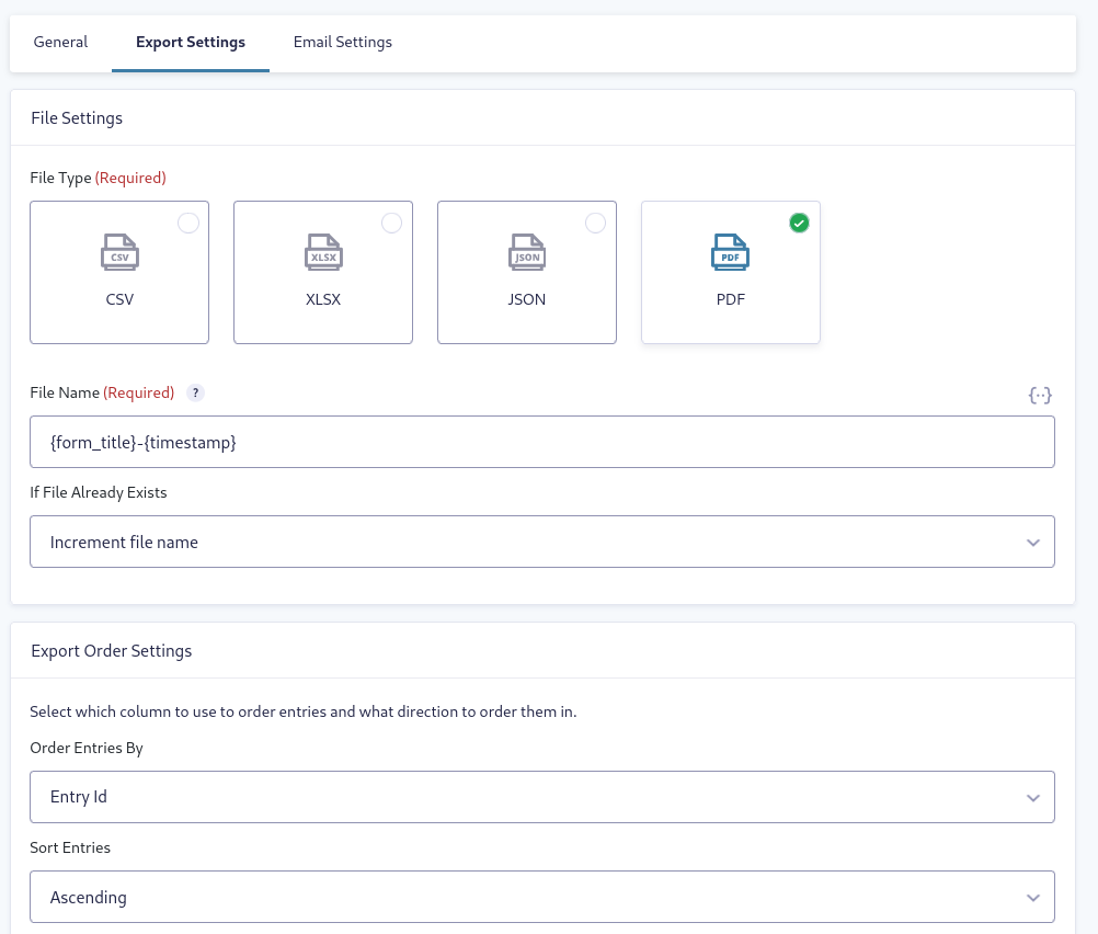 Entry Automation Export Settings menu