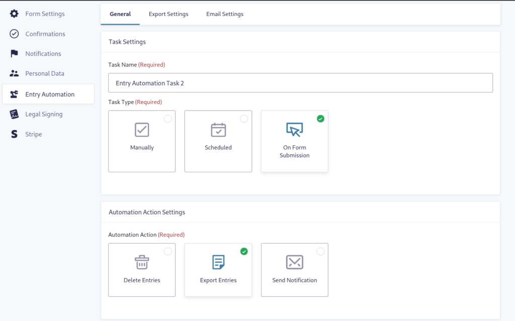 Entry Automation Task Settings menu