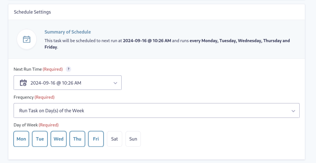 Entry Automation Schedule Settings menu