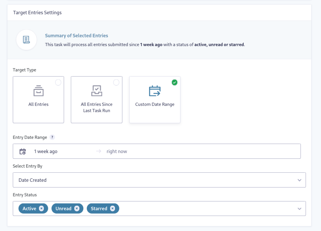 Entry Automation Target Entries Settings menu