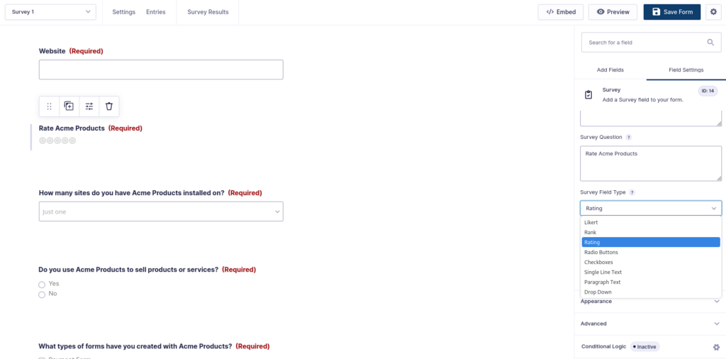 Gravity Forms editor with a survey form
