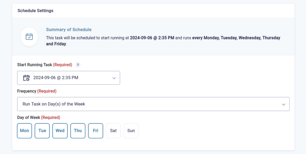 Entry Automation Task Schedule menu