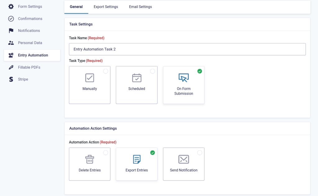 Entry Automation Task menu